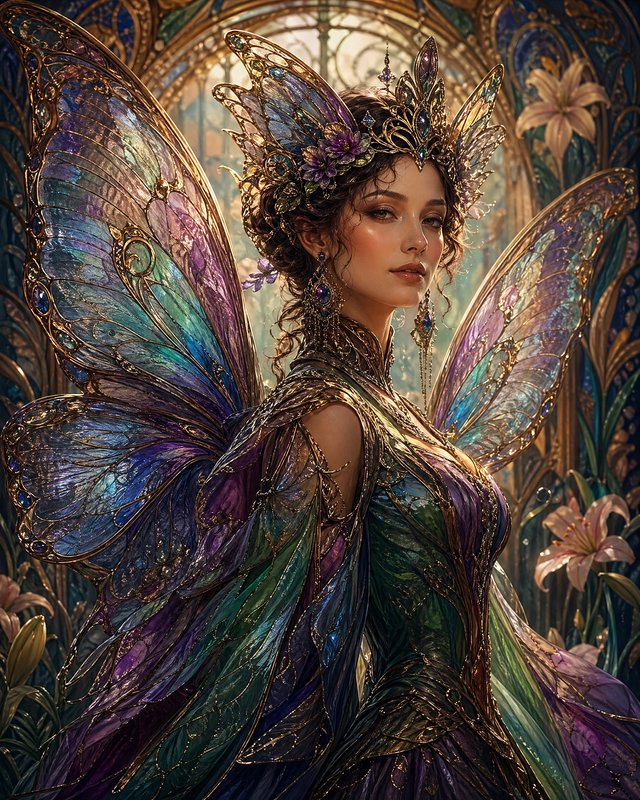 Fantasy butterfly-winged queen in iridescent gown and jeweled crown amid ornate floral backdrop.