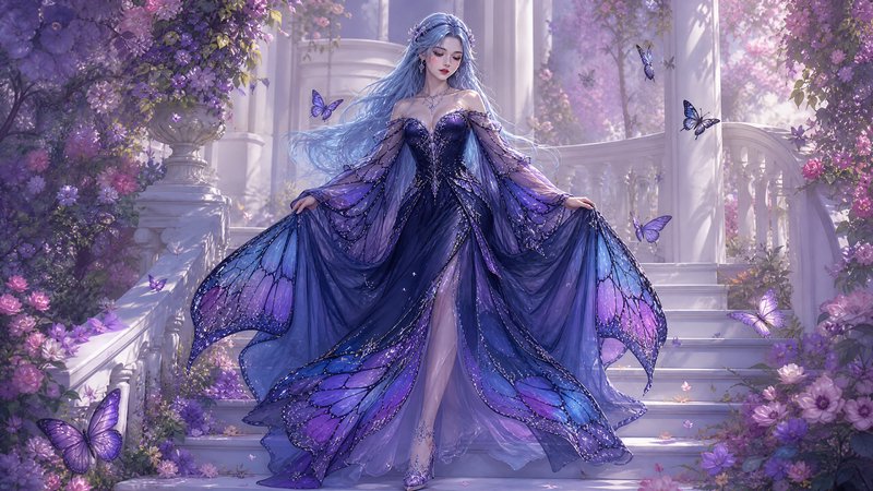 Fantasy woman in a flowing purple-blue gown on a marble staircase surrounded by purple flowers an...