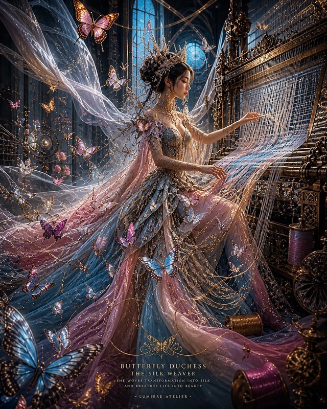 Elegant princess-like figure in a pastel silk gown with butterfly wings in an ornate, magical sew...