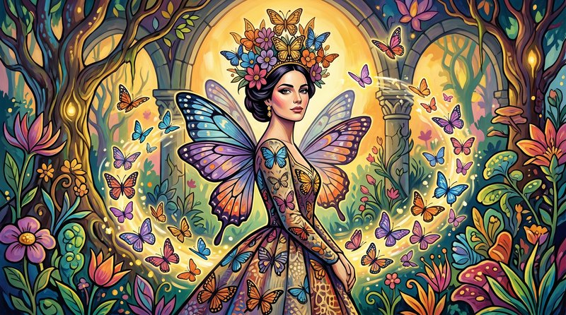 Mythical woman with butterfly wings in a vibrant floral garden surrounded by colorful butterflies