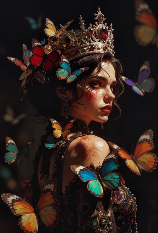 Regal woman in a jeweled crown surrounded by colorful butterflies against a dark background