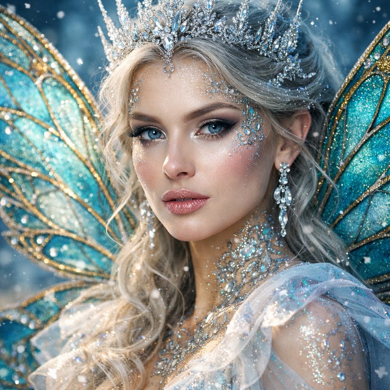 Fantasy ice queen with sparkling blue wings, crystal crown, and glittering makeup.
