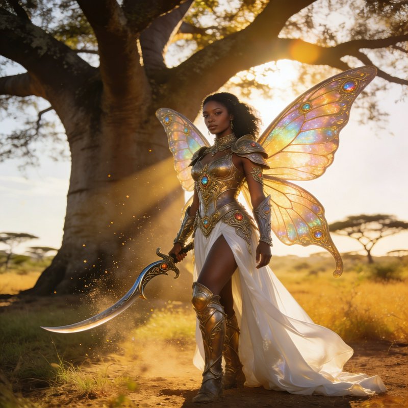 Fantasy warrior woman with iridescent butterfly wings, gold armor, and curved blade in a sunlit s...