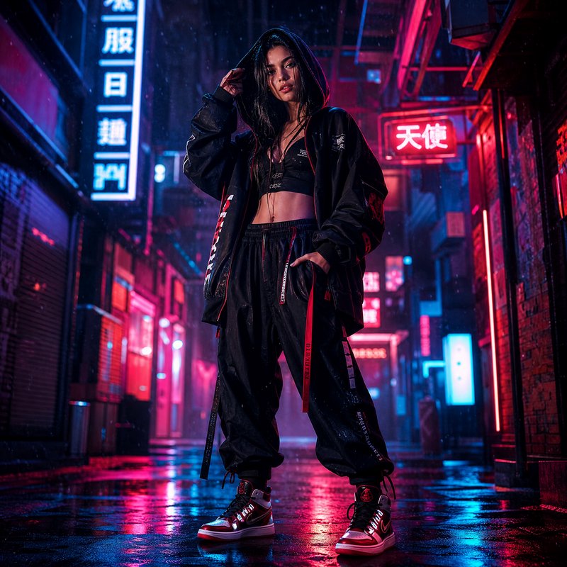 Woman in black streetwear hoodie and pants under neon city lights at night.