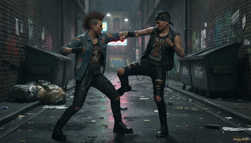 Two punk fighters clash in a rain-soaked urban alley, featuring a mohawk and denim jackets.