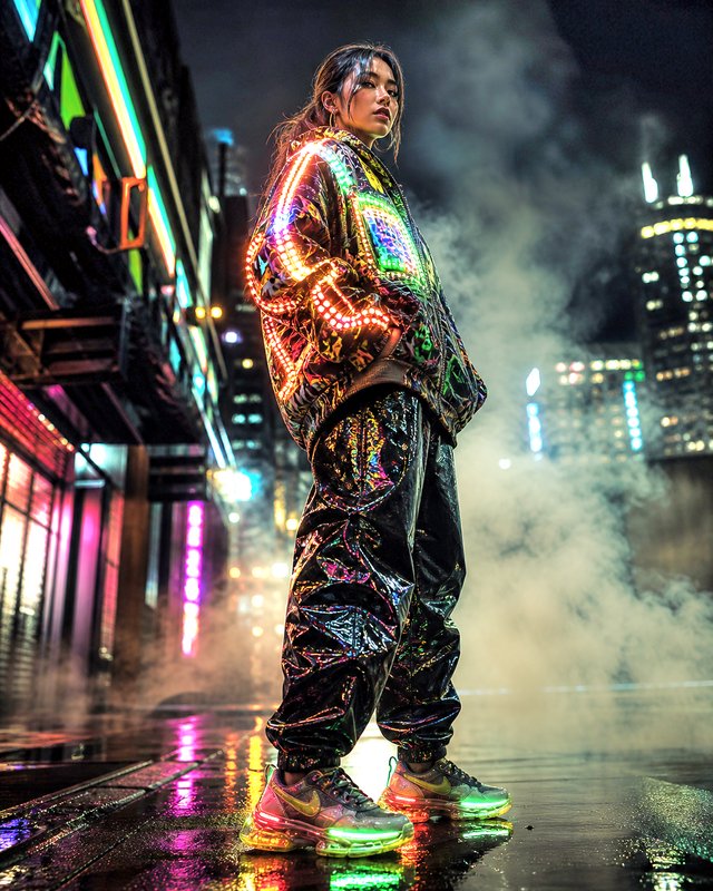 Person in holographic neon-lit streetwear standing in a foggy city street at night