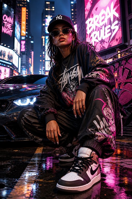 Streetwear model in neon-lit cityscape crouching beside a car with graffiti pants and a cap.