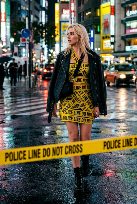 Stylish woman in a yellow police-line dress and leather jacket on a rainy, neon-lit city street.