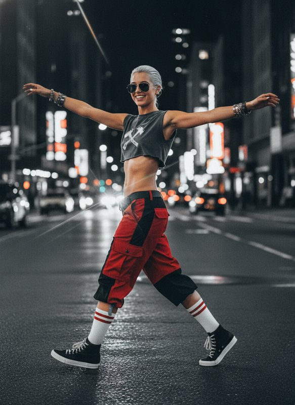 Woman with silver hair in sunglasses poses in a city street at night, arms outstretched in sporty...
