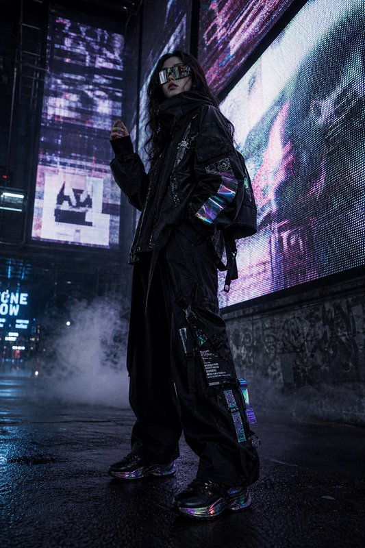 Person in black futuristic streetwear with iridescent accents standing in neon-lit urban night scene.
