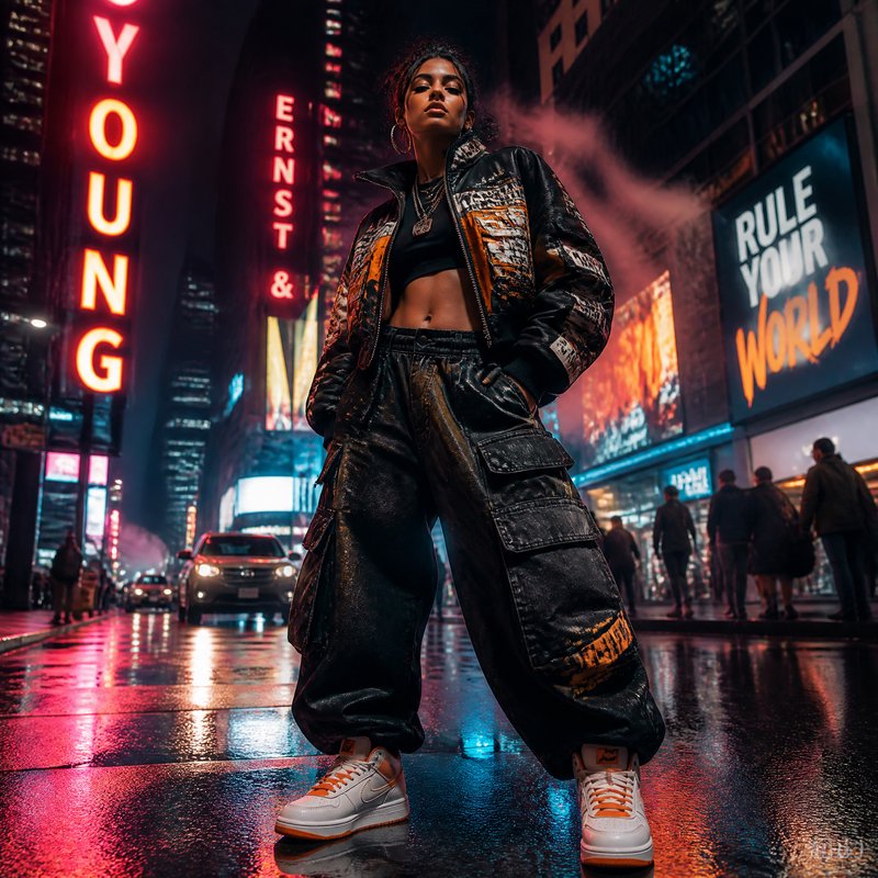 Woman in oversized cargo pants and bomber jacket posing under neon city lights at night.