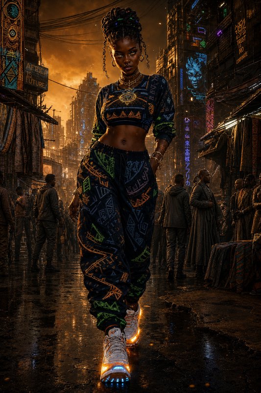 Woman in neon-lit cyberpunk streetwear with African geometric print and glowing sneakers.