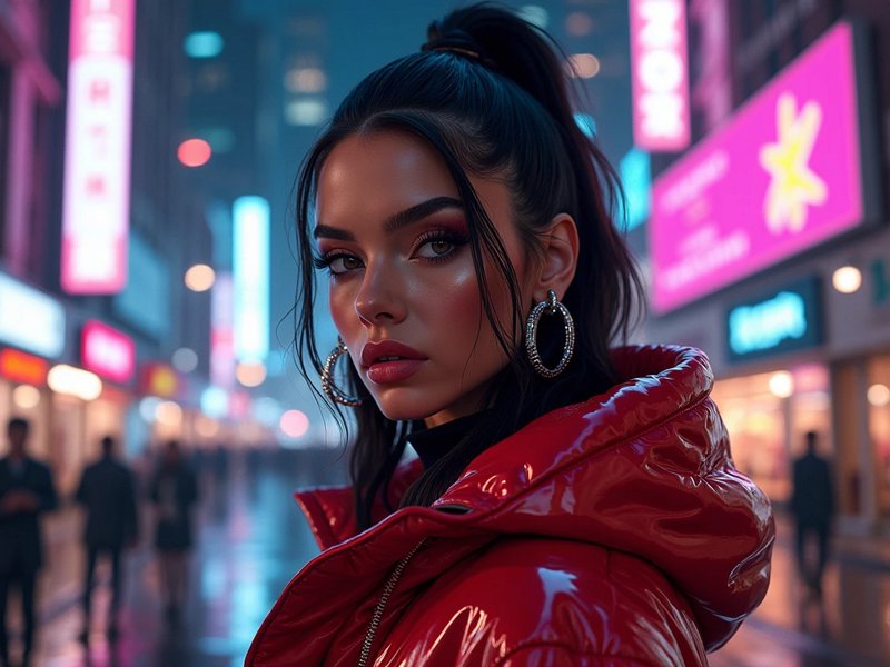 Woman in a glossy red puffer jacket in a neon-lit urban street, close-up portrait.