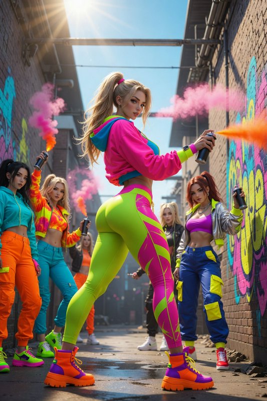 Group of women in neon athleisure spraying colorful graffiti with pink smoke in an urban alley.