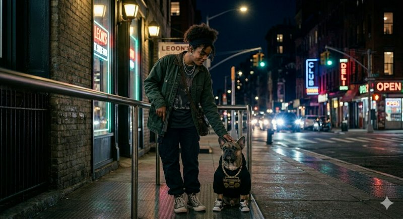Person walking a small dog on a city sidewalk at night with neon signs.