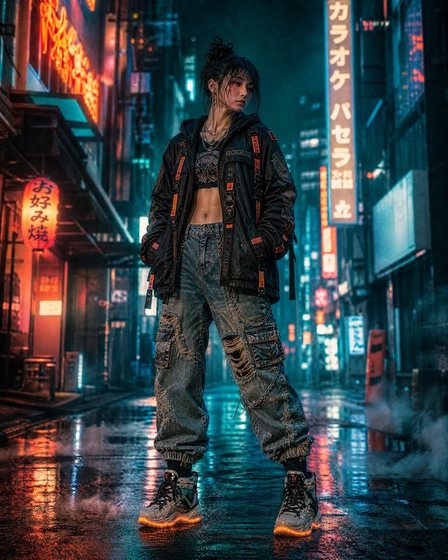 Woman in neon-lit rainy city alley wearing oversized cargo pants and jacket, bold streetwear pose.