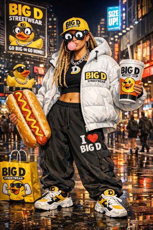 Person in Big D Streetwear outfit on a neon city street holding a hot dog and a large cup.