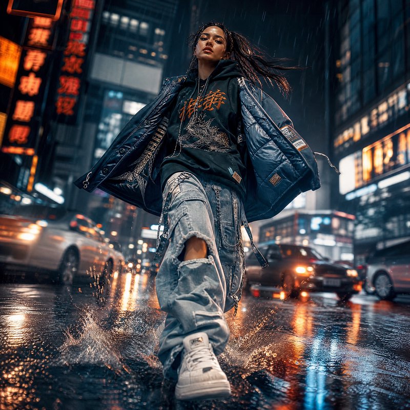 Woman in oversized jacket and ripped jeans walks through a rainy neon-lit city street at night.