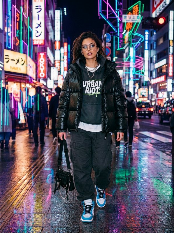 A stylish person walking through a neon-lit, rain-wet city street at night wearing a black puffer...