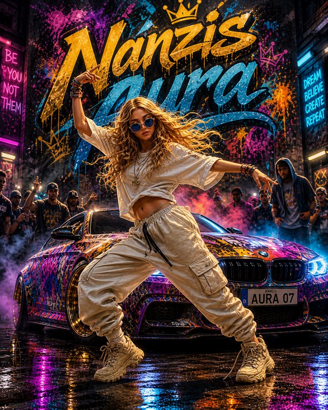 Energetic dancer in beige outfit posing in front of a colorful graffiti-wrapped car and neon-lit city scene.