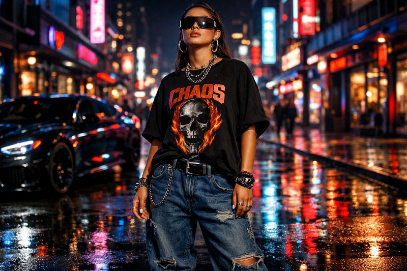 Woman in an oversized graphic tee with a skull and fire design on a neon-lit, rain-soaked city st...