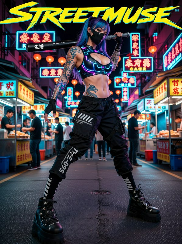 Futuristic streetfighter woman in neon-lit alley, holding a bat, with mask, tattoos, and chunky b...