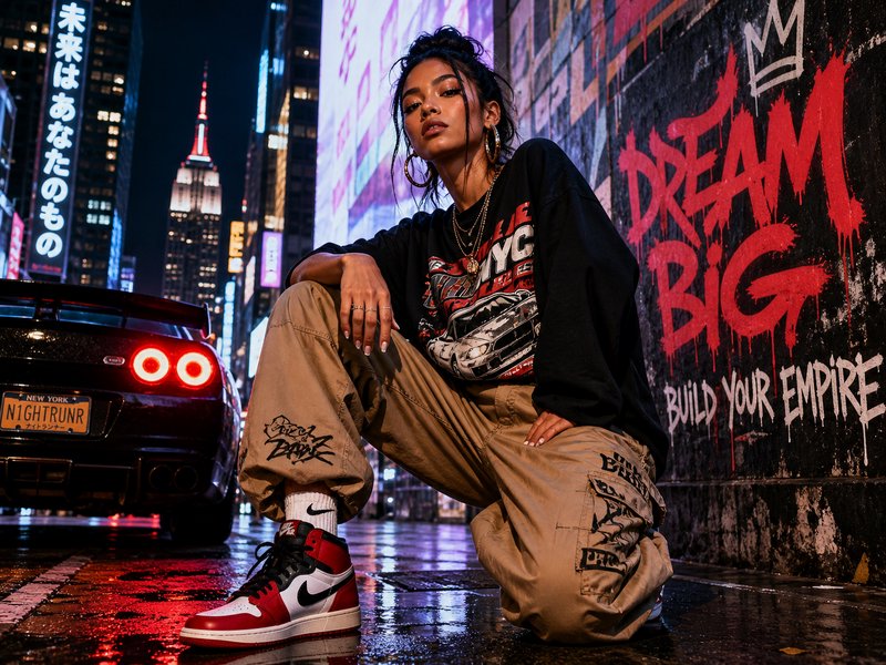 Young woman in streetwear crouching on a wet NYC street at night beside graffiti and a sports car.