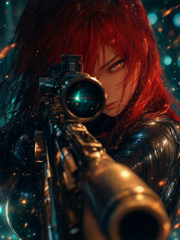 Female character with red hair aiming a sniper rifle with scope in a neon-lit, dark, cyberpunk setting.