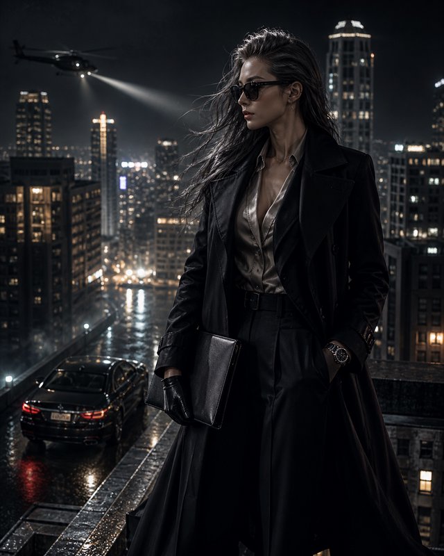 Stylish woman in a black trench coat and sunglasses on a rainy rooftop at night with a city skyline.