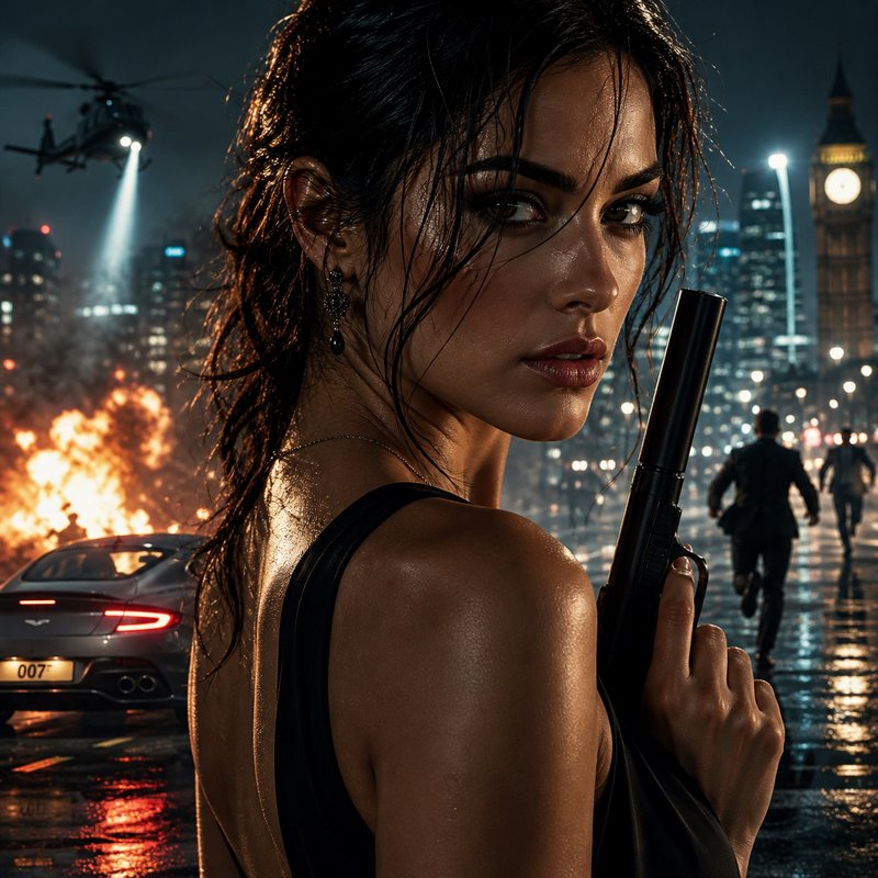 Cinematic close-up of a determined woman holding a gun in a rain-soaked neon city at night with fires and a helicopter