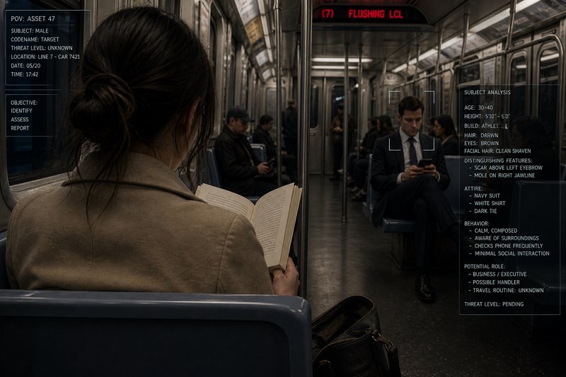 Woman reading a book on a subway car with futuristic AI analysis overlays.