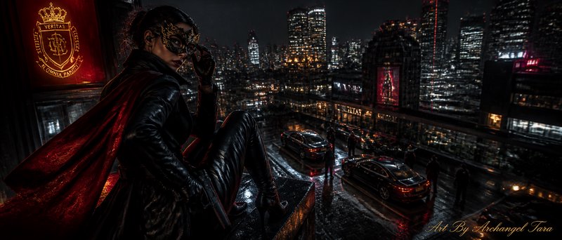 Woman in black leather with a red cape and masquerade mask on a rooftop above a rain-soaked city at night.