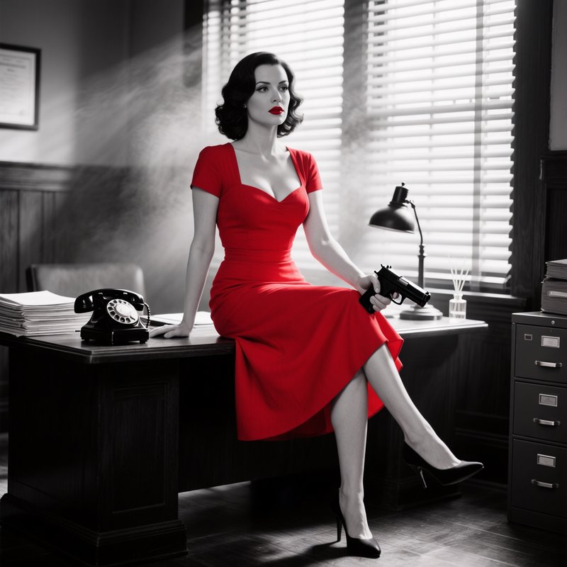Vintage noir-inspired woman in a red dress seated on an office desk holding a handgun.