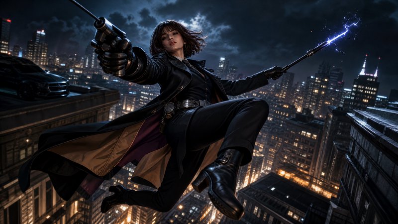 Female superhero in black leather, swinging on a rooftop at night with an electric whip over a neon city skyline.