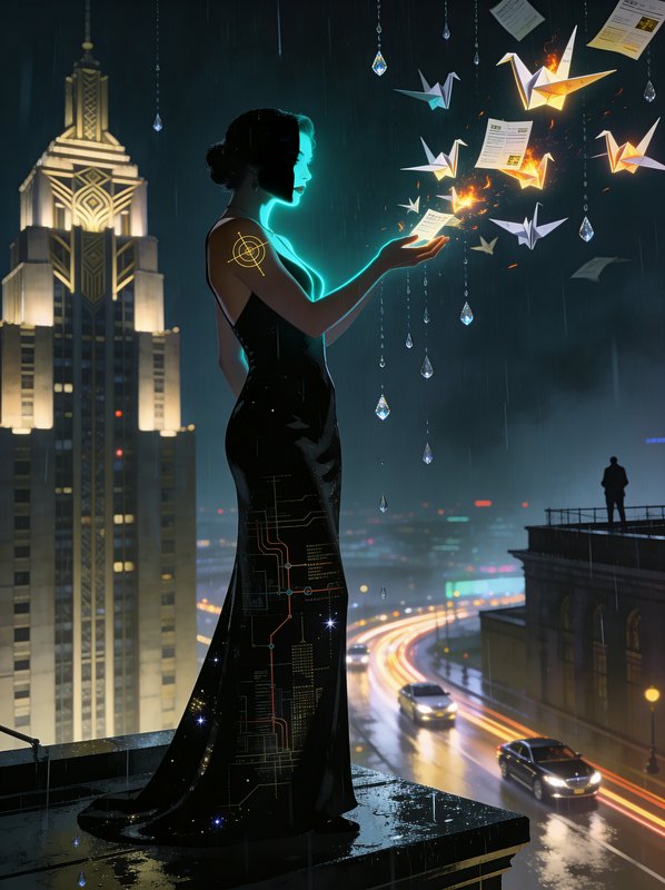 Futuristic woman in a circuit-patterned gown on a rainy rooftop releases glowing origami cranes o...