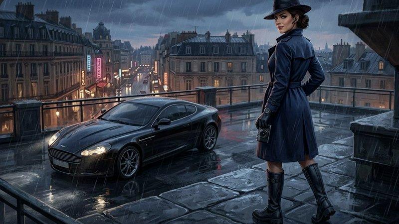 Stylish woman in a trench coat and hat stands on a rainy Parisian street beside a sleek black spo...