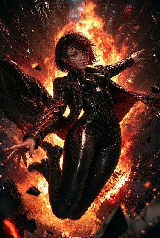 Dynamic heroine in a black latex suit and leather jacket soaring amid a fiery explosion in a city.
