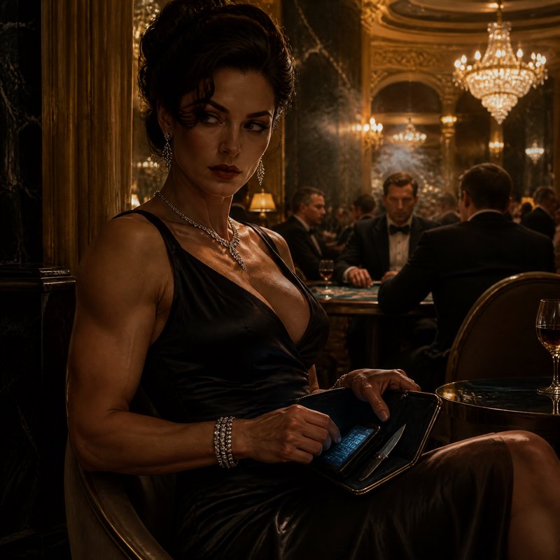 Elegant woman in a black evening gown at a luxury casino, using a glowing tablet clutch among chandeliers and suited guests.