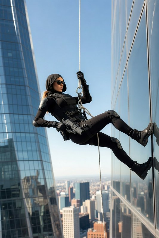 Woman in a black tactical suit rappelling down a glass skyscraper with a city skyline below.