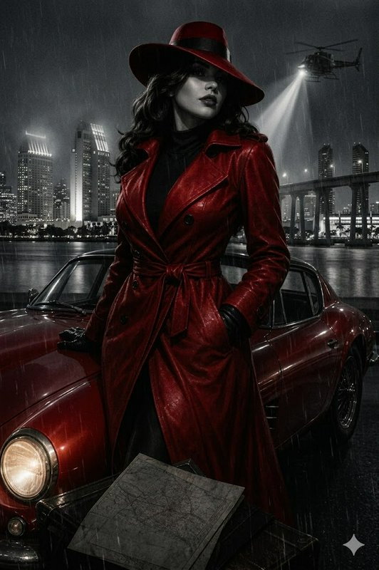 Stylish woman in a red trench coat and hat beside a vintage red car at night by a city skyline.