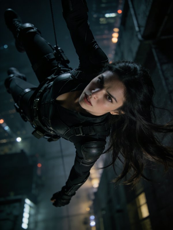 Woman in a black tactical suit swinging between buildings at night.