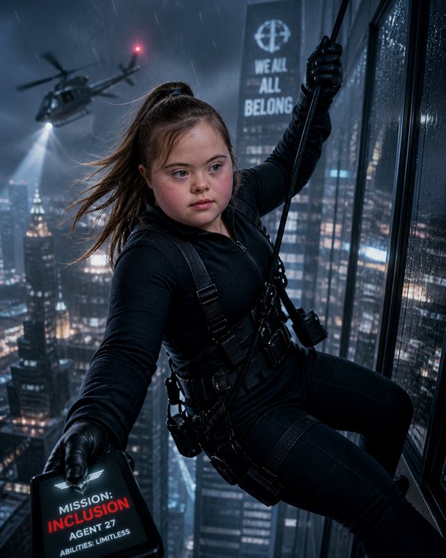 Young girl in black tactical outfit rappelling from a skyscraper at night with city lights and a ...