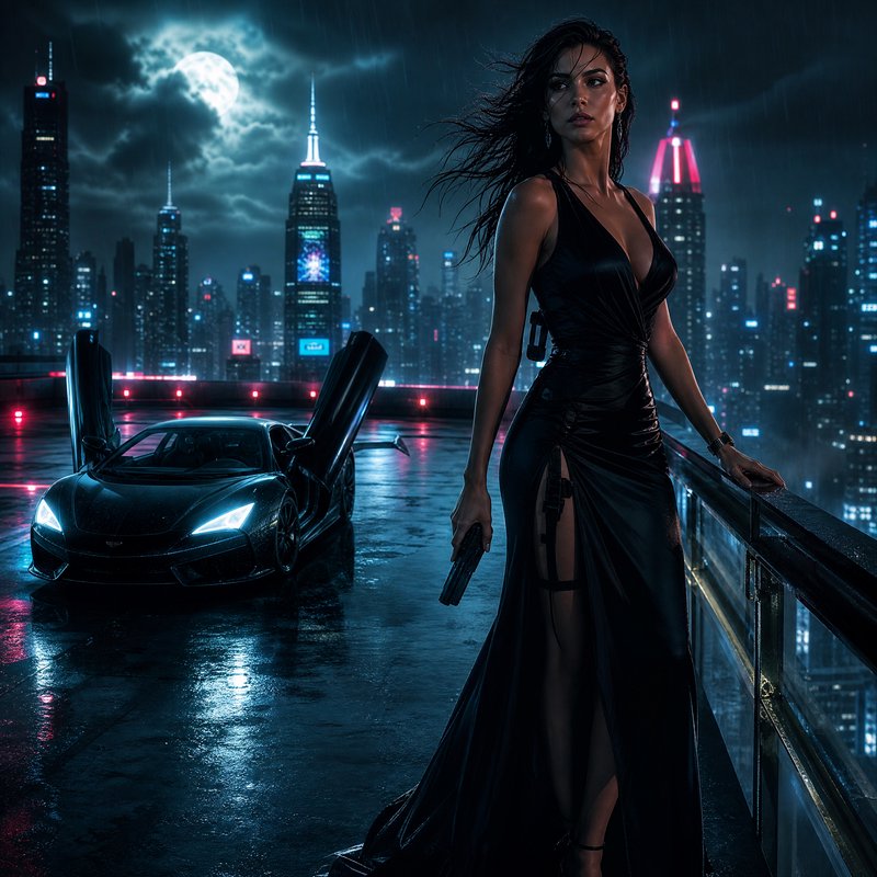Woman in a black evening gown with a pistol on a rain-soaked rooftop overlooking a neon-lit city ...