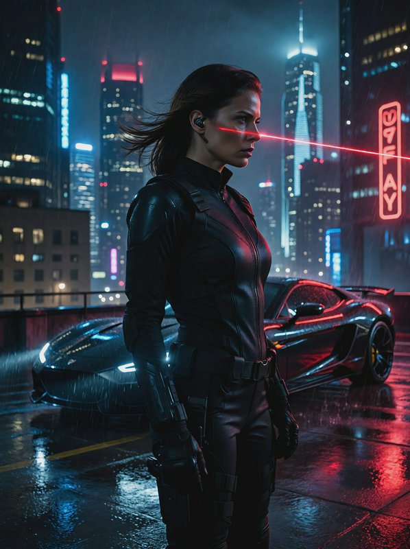 Female sci-fi agent in black combat suit with a red laser beam from her eye against a neon rainy cityscape and