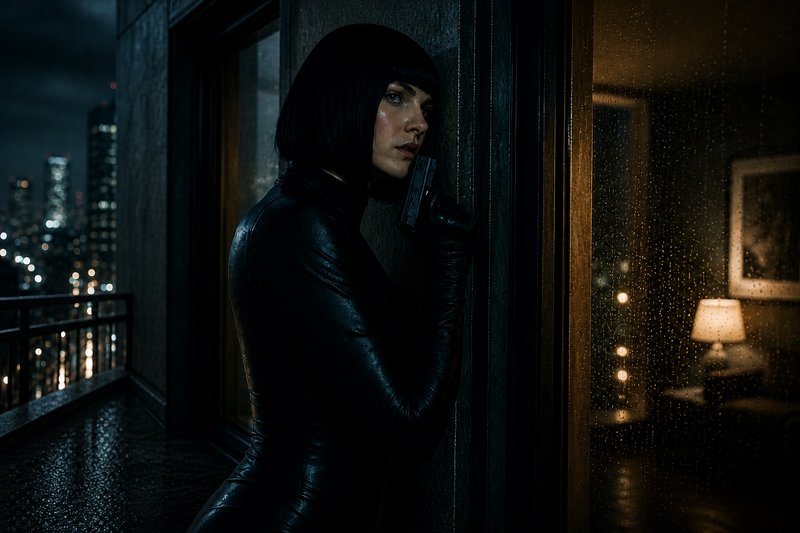 Woman in a black leather outfit with a handgun by a rain-soaked window at night.