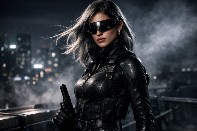 A woman in black tactical suit with futuristic visor on a rooftop at night.