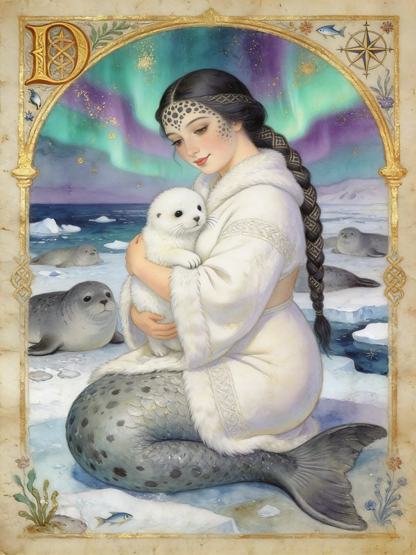 Mermaid sitting on ice with a seal pup, under the northern lights in a decorative vintage frame.