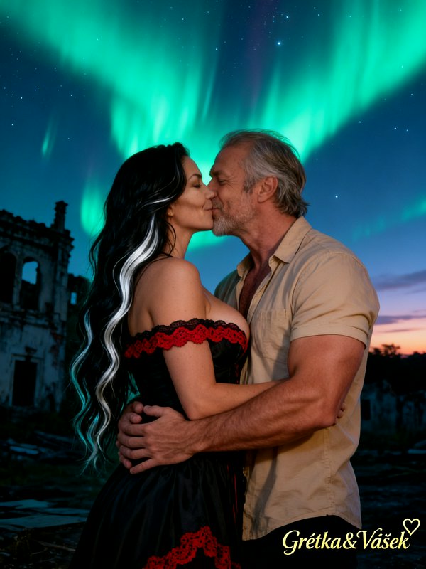 Couple kissing under the green aurora borealis with a ruined building in the background.