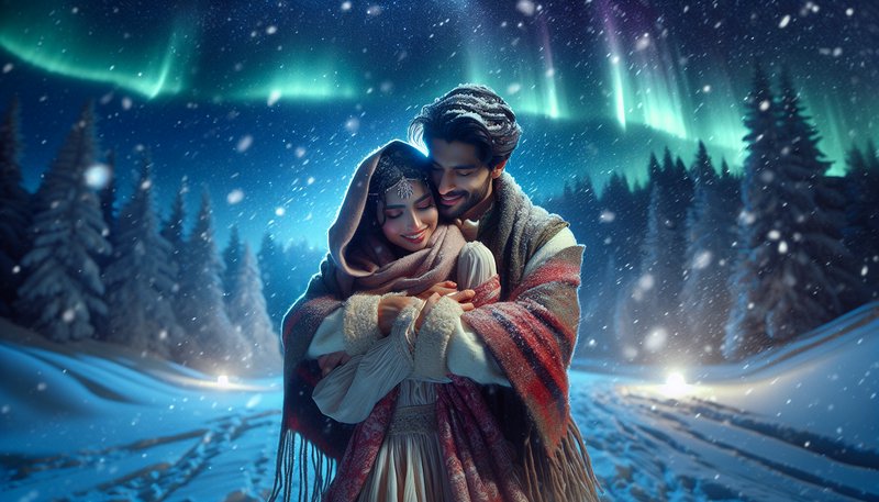 Romantic couple wrapped in blankets embraces in a snowy forest under the northern lights.