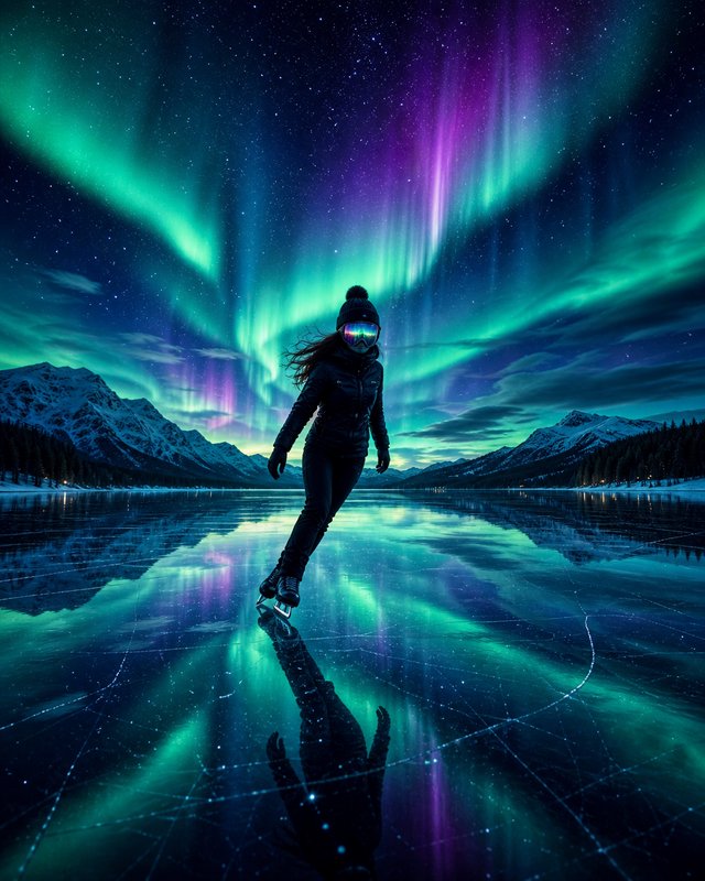 Person skating on a crystal-clear icy lake under vibrant aurora borealis.